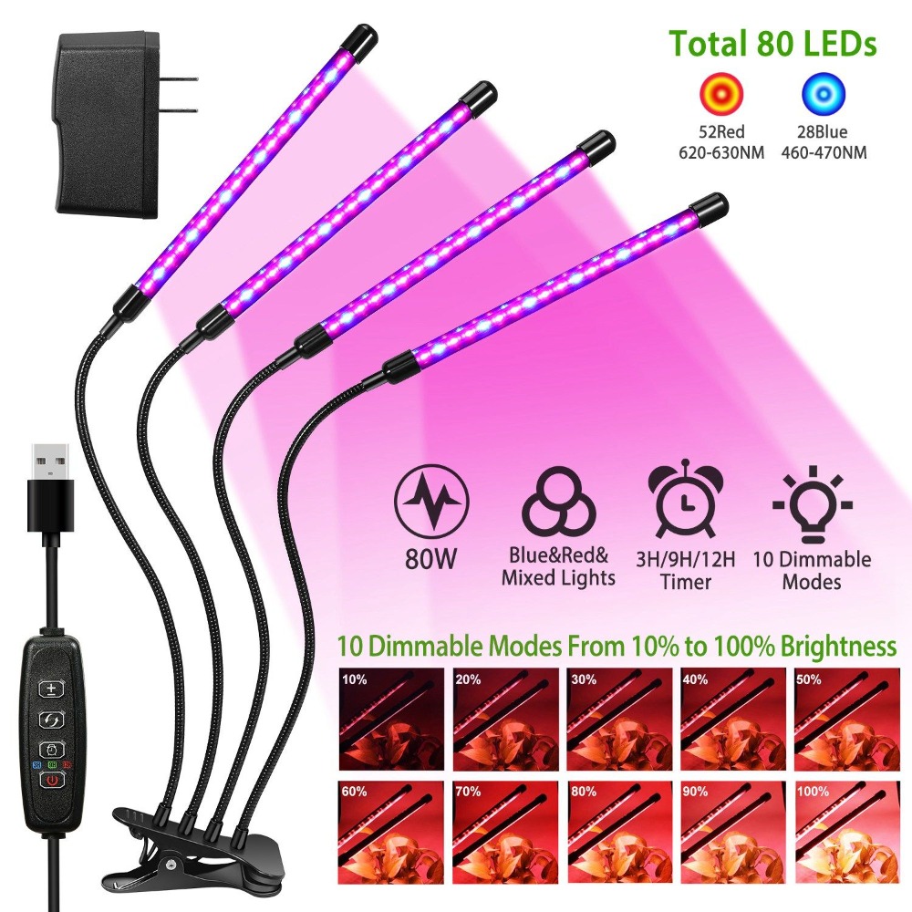 Plant Grow Light Full Spectrum Clip On - Kweeklampen voor kamerplanten, 80W 80 LED's