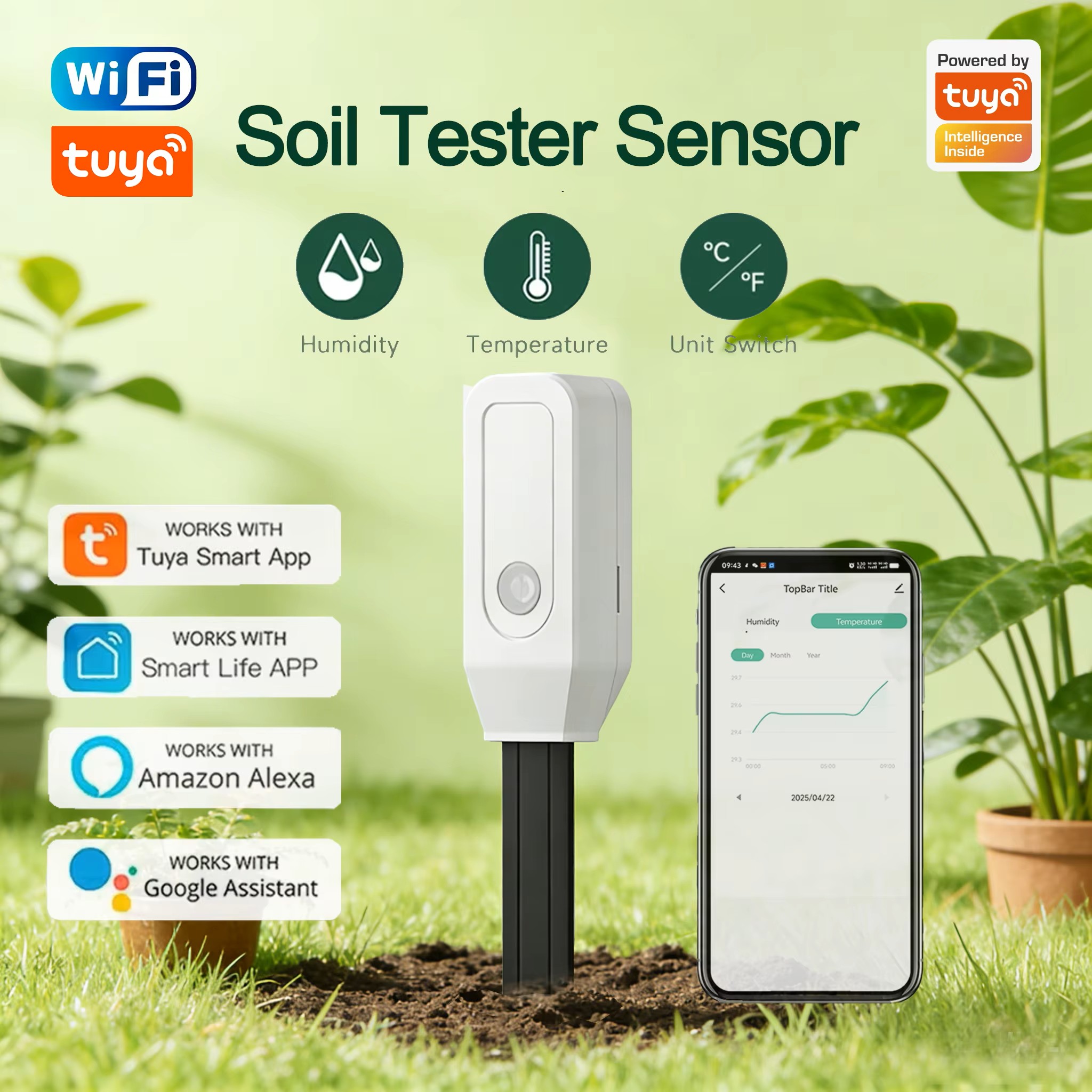 Wifi Soil Moisture Sensor Garden App - Tuya WiFi Bodemvochtmeter Temperatuur- en vochtigheidssensor