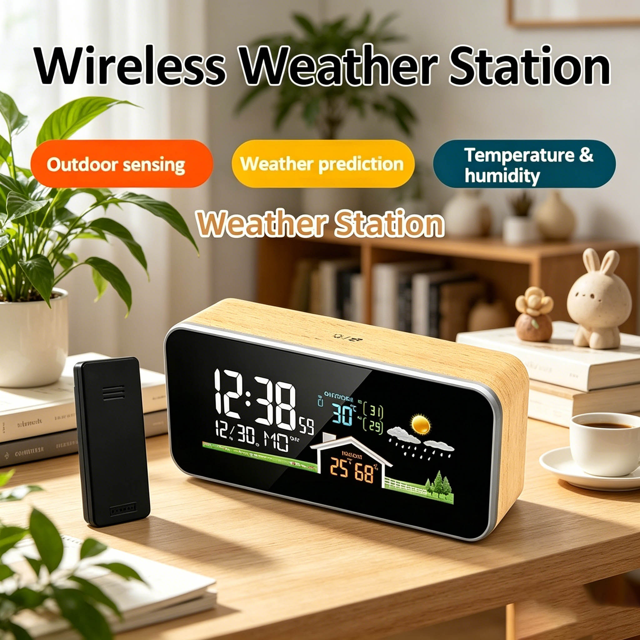 Wireless Weather Station Indoor Outdoor - Houten draadloos weerstation wekker - digitale